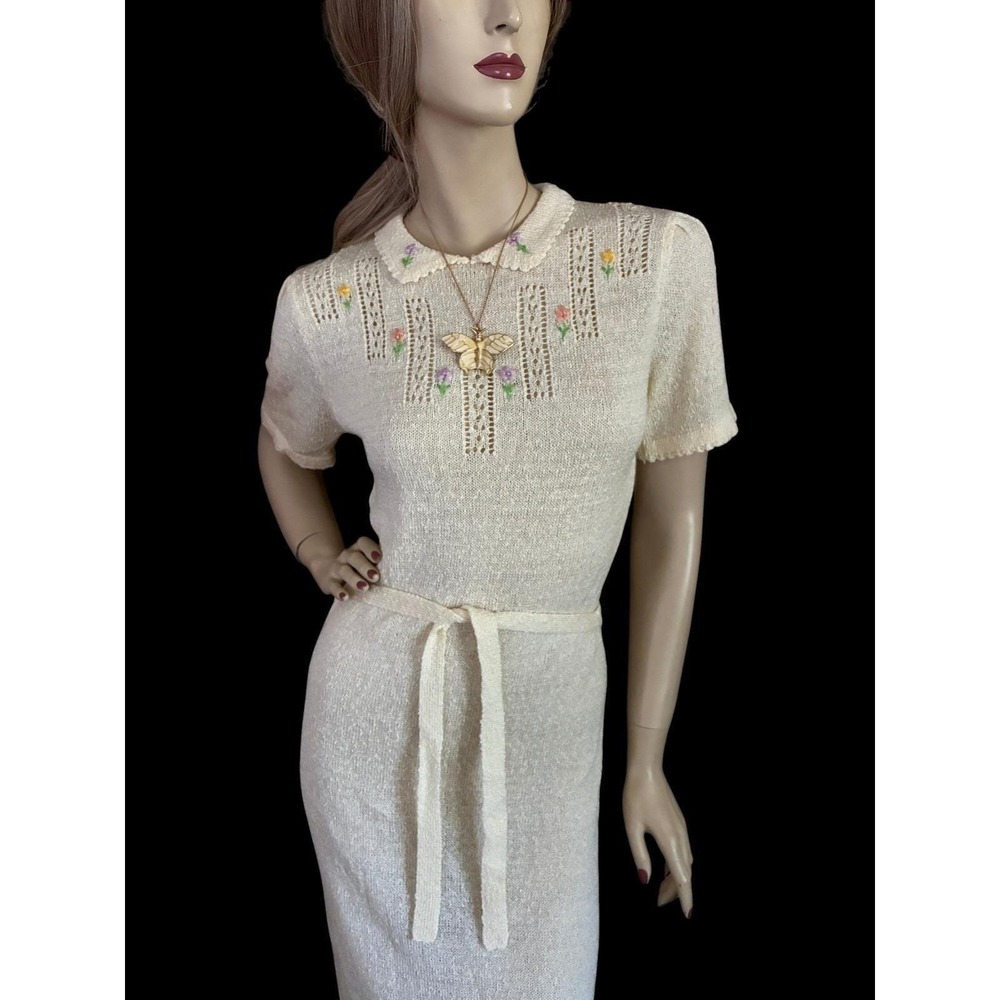 Vintage Knit Dress Cream Floral Embroidered Pointelle Cottagecore Small - Picture 6 of 10